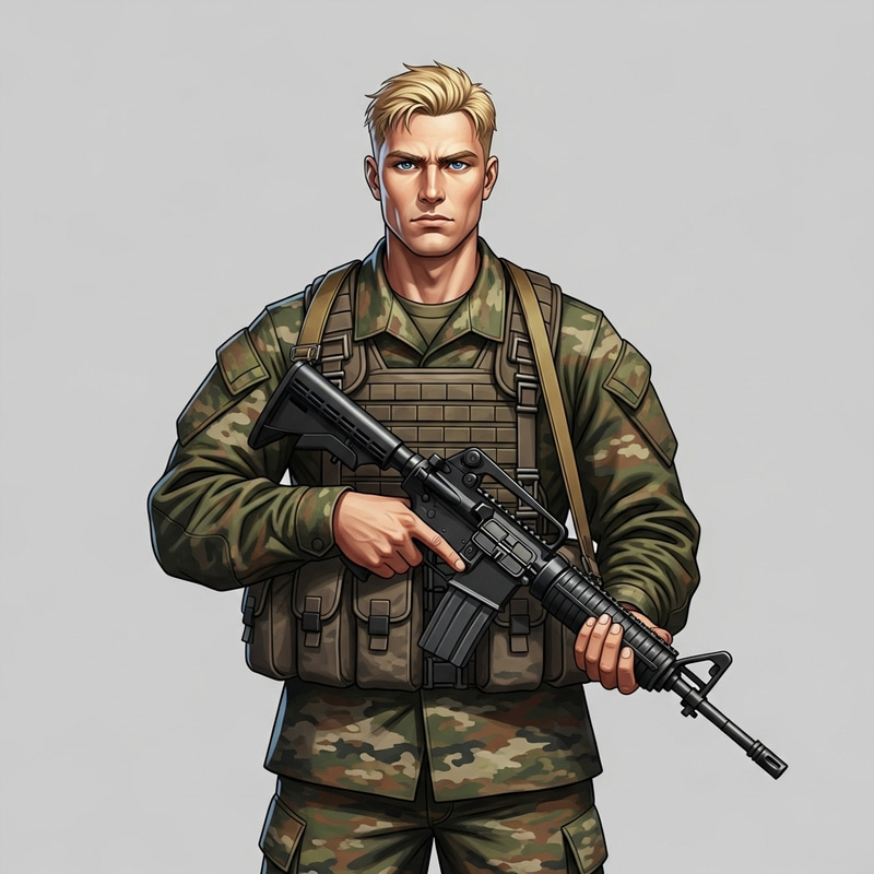 Tall Blond Soldier in Military Uniform with Stern Expression and Rifle