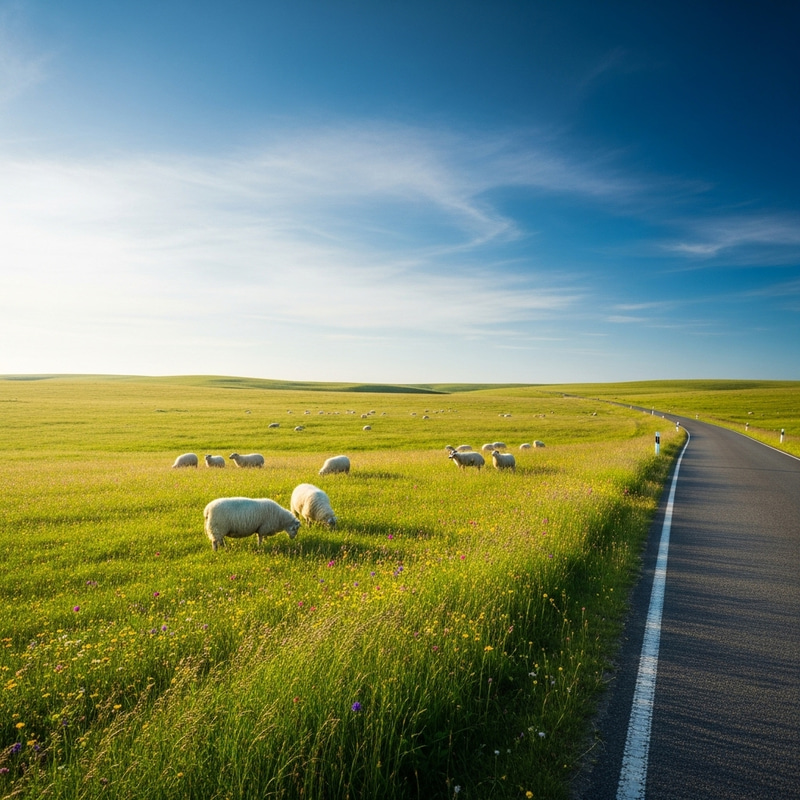 Tranquil Meadow Scene | Road Cross Sunshine Sheep Tranquil Meadow Scene | Road Cross Sunshine Sheep