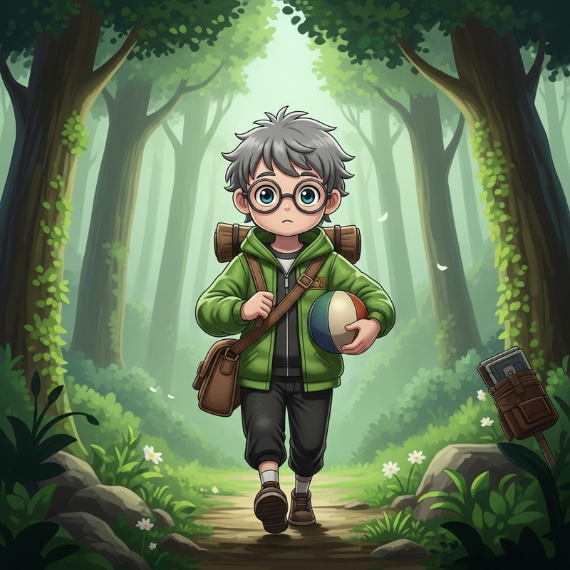 Adventurous Boy in Green Jacket Exploring Forest Adventurous Boy in Green Jacket Exploring Forest