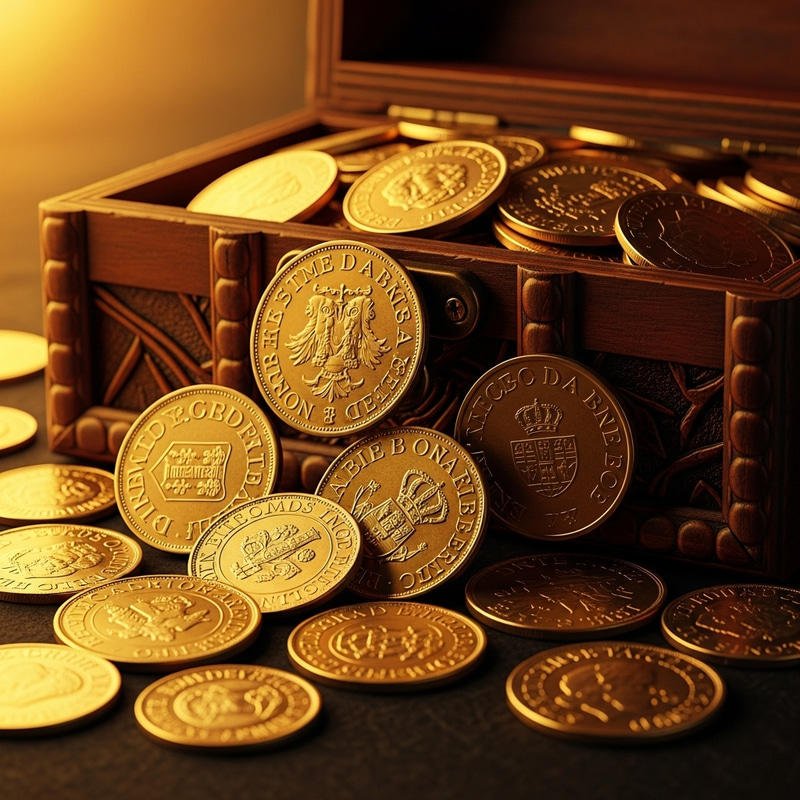 Opulent Treasure Chest: Macro Detailed Gold Coins Pouring Out Opulent Treasure Chest: Macro Detailed Gold Coins Pouring Out