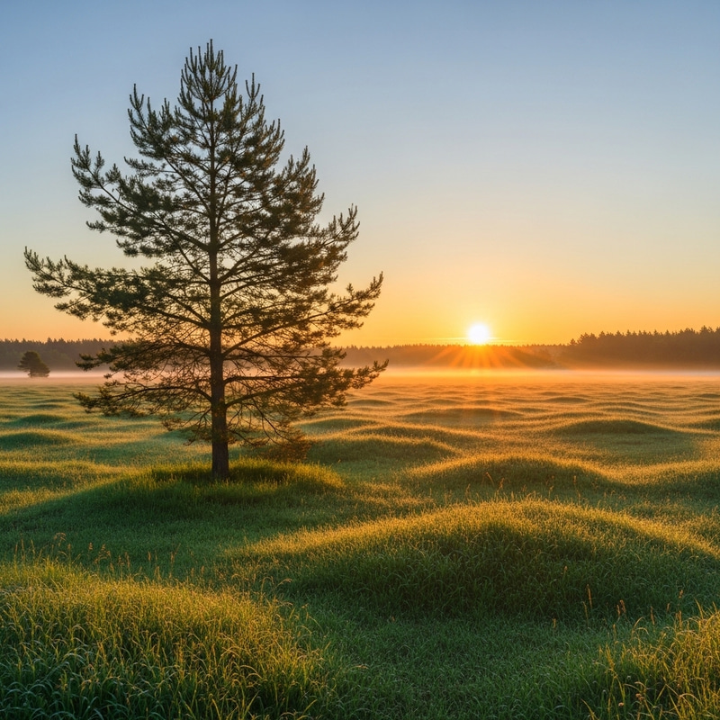 Serene Sunrise Landscape: Pine Tree and Green Grass