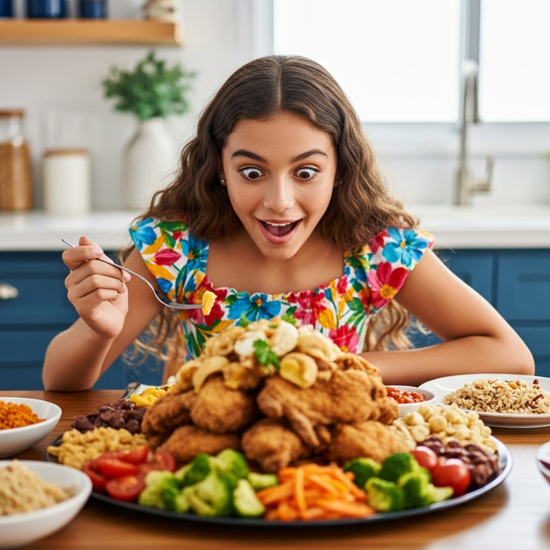 Hungry Hispanic Teenage Girl at a Feast | Crispy Fried Chicken & More