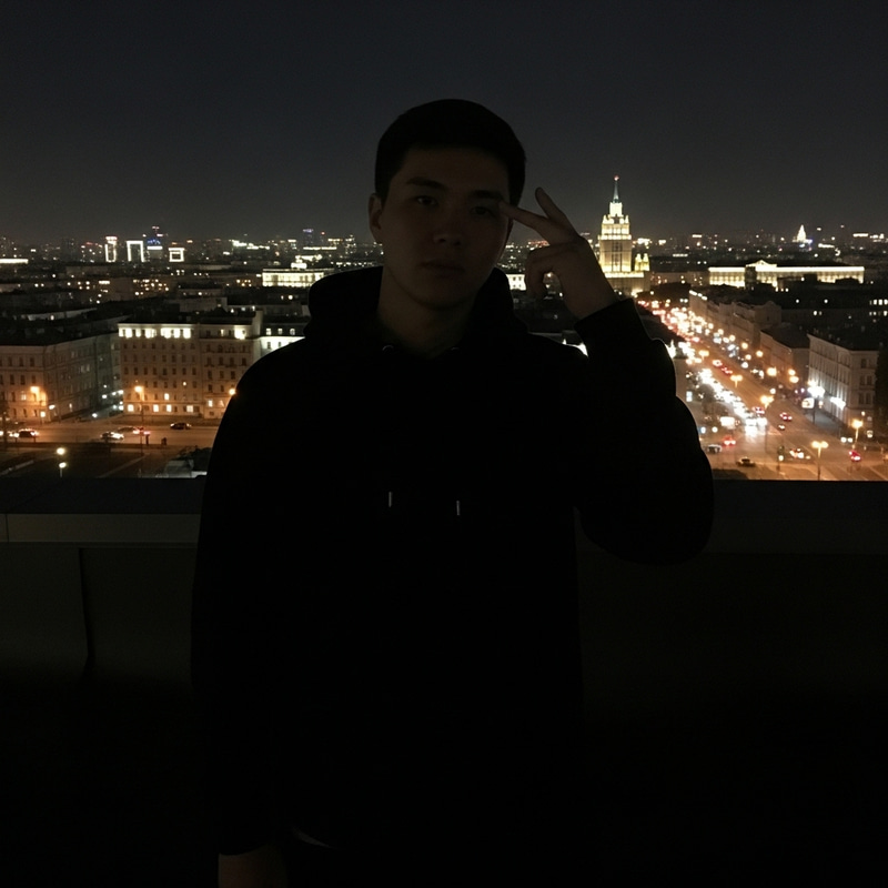 Man Contemplating on Moscow Rooftop at Night Man Contemplating on Moscow Rooftop at Night