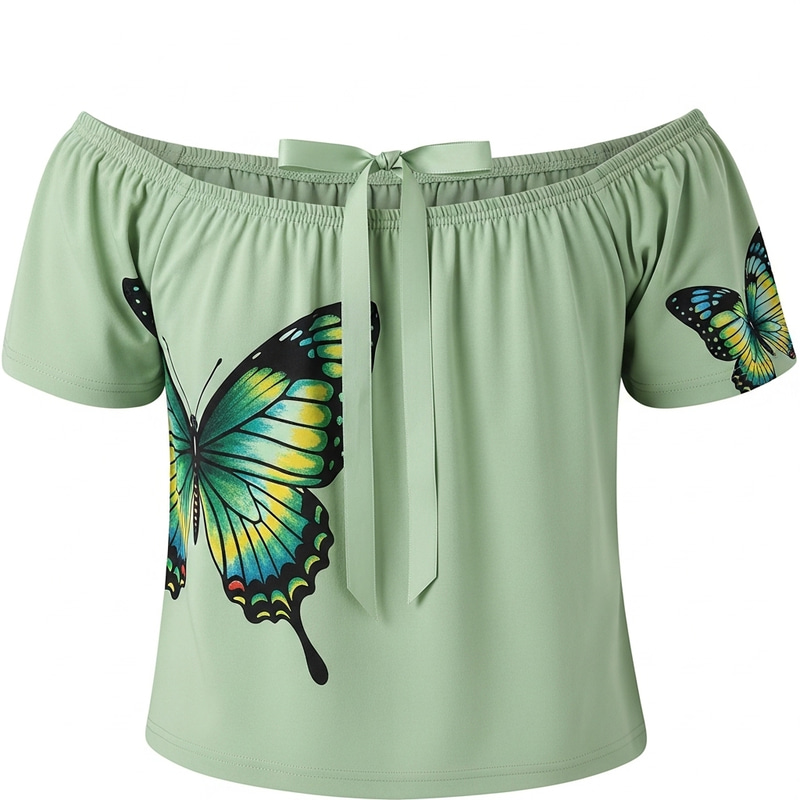 Stylish Pistachio Off-Shoulder Top with Butterfly Design Stylish Pistachio Off-Shoulder Top with Butterfly Design