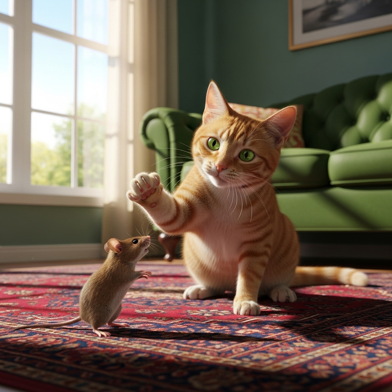 Ginger Cat Playing with Brown Mouse