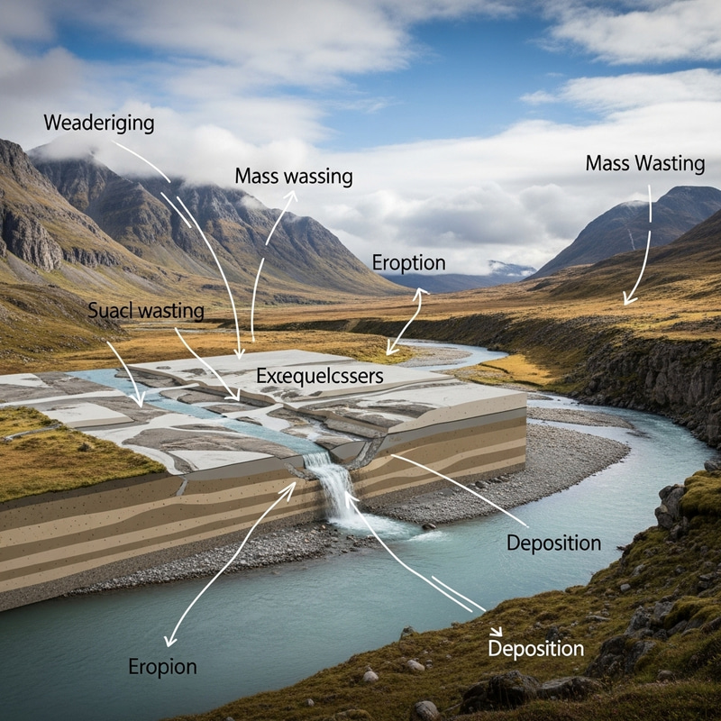 Exogenic Processes in Dynamic Landscape: Illustrating Weathering, Mass Wasting, Erosion & Deposition