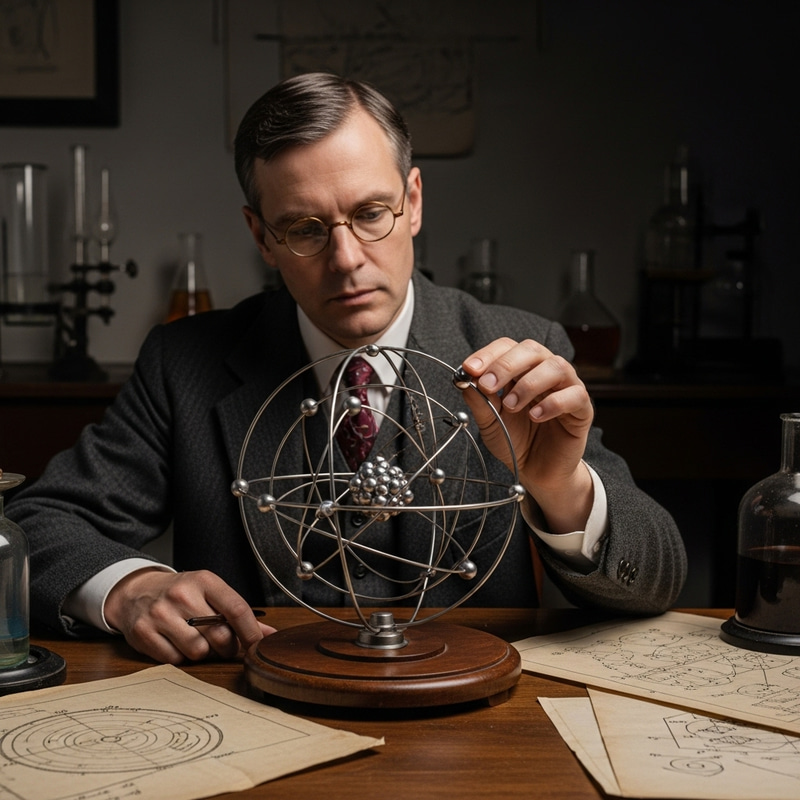 Niels Bohr Examining Intricate Atom Model in Vintage Lab Niels Bohr Examining Intricate Atom Model in Vintage Lab