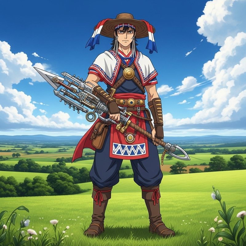 Anime Warrior from Paraguay: Traditional Outfit & High-Tech Weapon Anime Warrior from Paraguay: Traditional Outfit & High-Tech Weapon