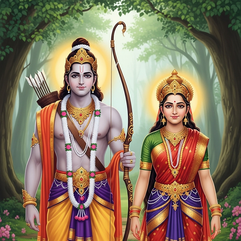 God Ram and Seeta: Mythological Depiction in Forest Setting God Ram and Seeta: Mythological Depiction in Forest Setting