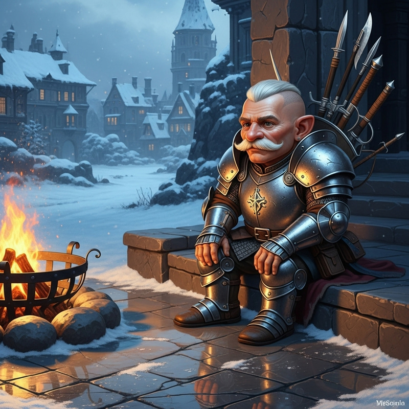 Winter Fantasy Scene with 20-Year-Old Gnome Soldier on Marble Road Winter Fantasy Scene with 20-Year-Old Gnome Soldier on Marble Road