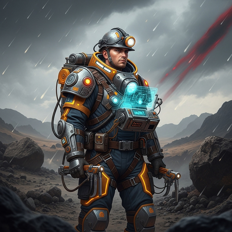 Futuristic Miner in Enigmatic Landscape | Advanced Mining Gear