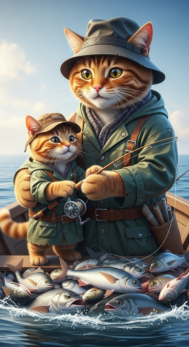 Father Cat Teaching Son to Fish in Sea | Scottish Red Cats Father Cat Teaching Son to Fish in Sea | Scottish Red Cats