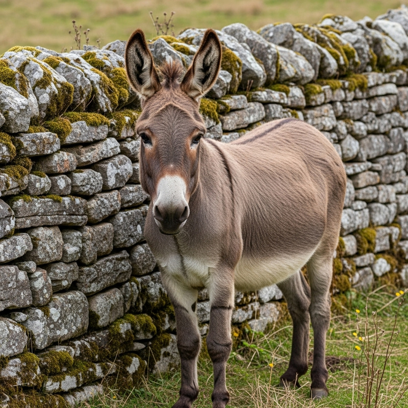 Brown Striped Donkey Standing by Stone Wall in Serene Wilderness Scene Brown Striped Donkey Standing by Stone Wall in Serene Wilderness Scene