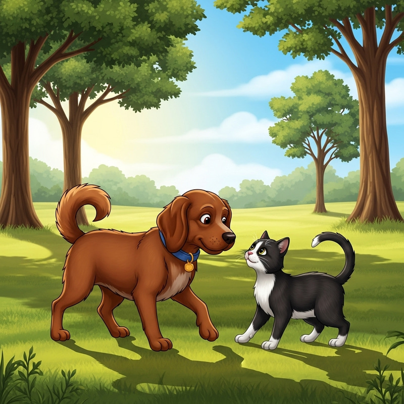 Adorable Dog and Cat Friendship in the Sunlit Field Adorable Dog and Cat Friendship in the Sunlit Field