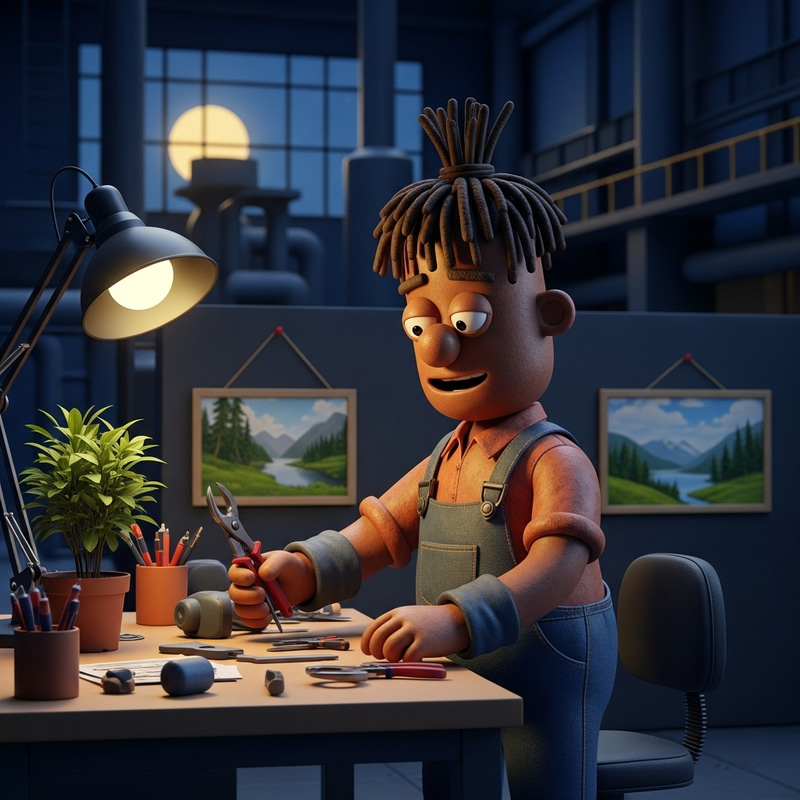 Rubber Nature-Loving Cartoon Mechanic with Dreadlocks Rubber Nature-Loving Cartoon Mechanic with Dreadlocks