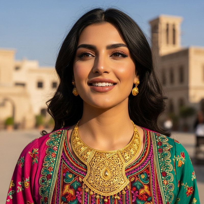 Gorgeous Woman Adorning Elegant Golden Necklace