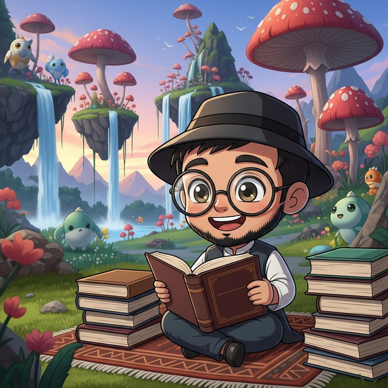 Chibi South Asian Male Reading Book in Fantasy Background