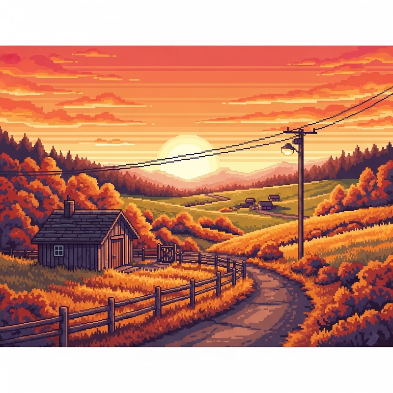 1980s Pixelart Sunset Landscape of Autumn Field 1980s Pixelart Sunset Landscape of Autumn Field