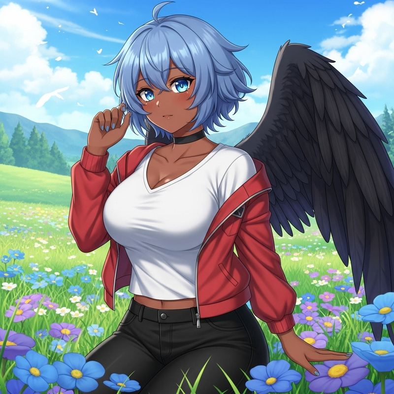 Anime-Style Character with Blue Hair, Dark Blue Eyes, and Black Feathered Wings