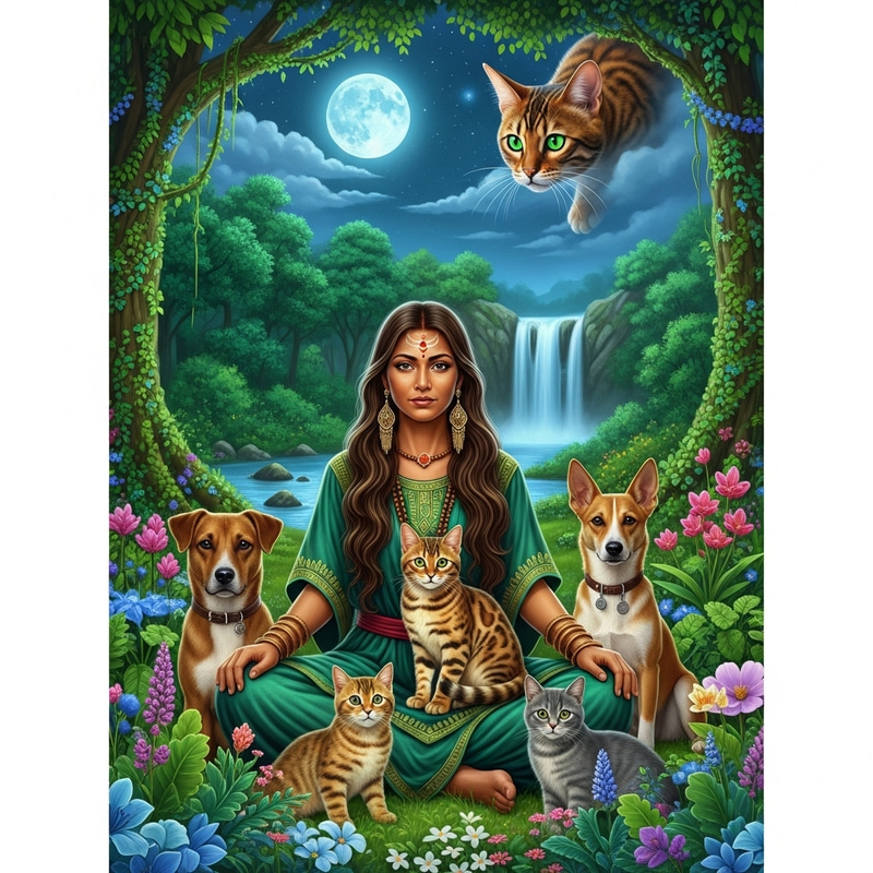 Enchanted Bengal Cat with Shaman and Magical Animals in Nature Scene Enchanted Bengal Cat with Shaman and Magical Animals in Nature Scene