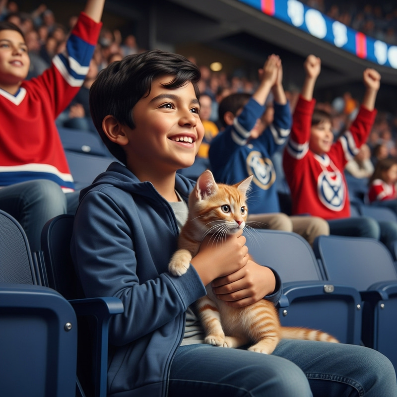 Cheerful 11-Year-Old Boy and Ginger Kitten at Hockey Game