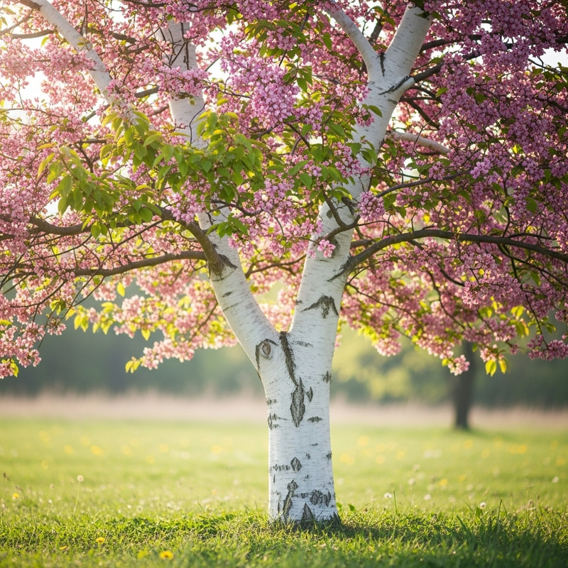 White Trunked Tree with Pink Flowers in Spring