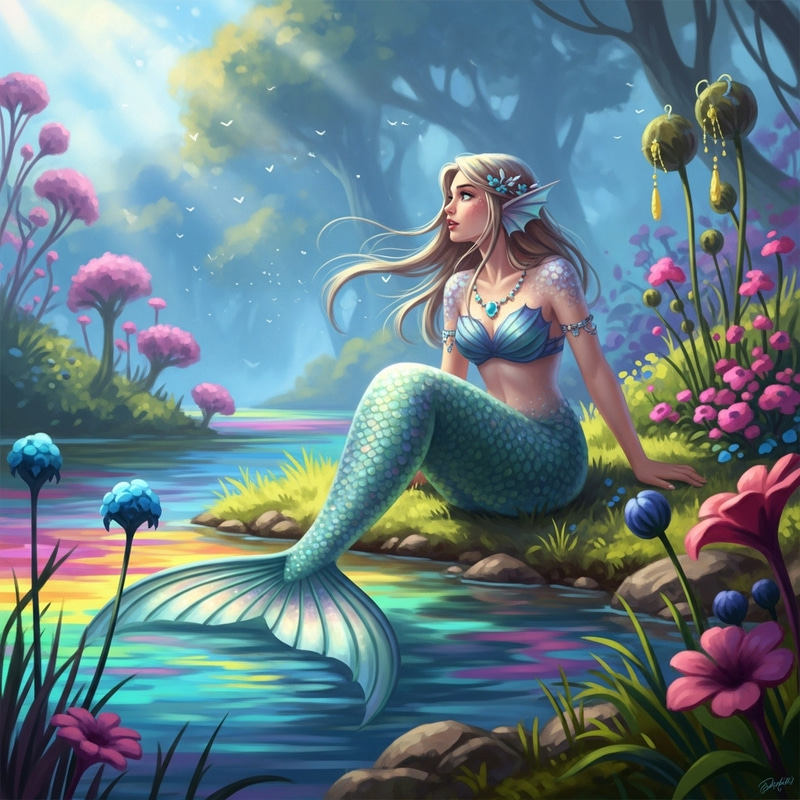 Colorful Mermaid Sitting by the Vibrant Water's Edge Colorful Mermaid Sitting by the Vibrant Water's Edge