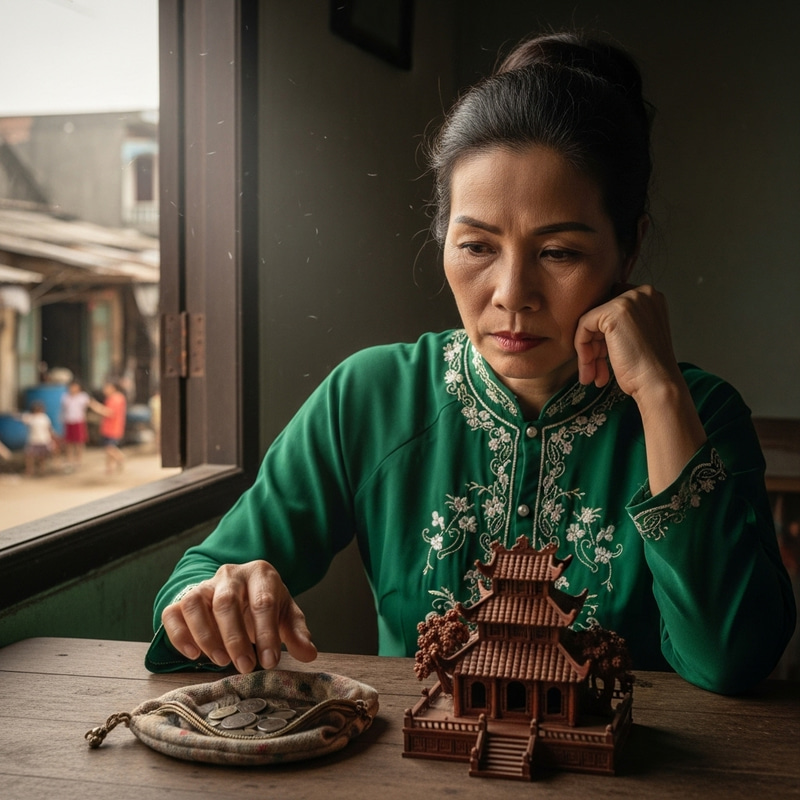 Vietnamese Woman Deciding Between Building Temple or Aiding the Needy Vietnamese Woman Deciding Between Building Temple or Aiding the Needy
