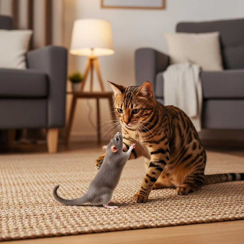 Adorable Cat Playing with Rat in Homely Setting Adorable Cat Playing with Rat in Homely Setting