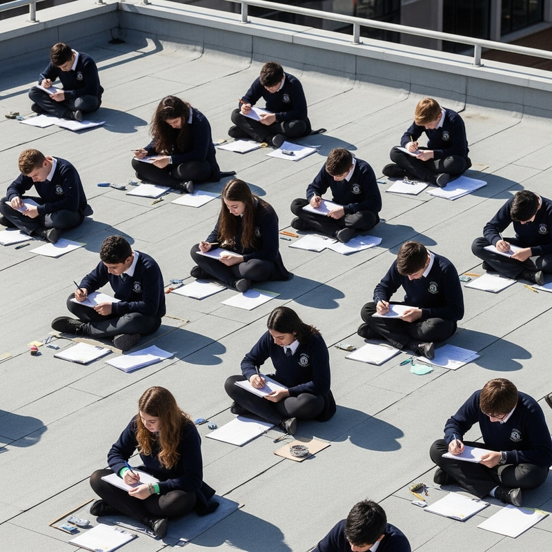 Students in Exams on Urban School Roof Students in Exams on Urban School Roof