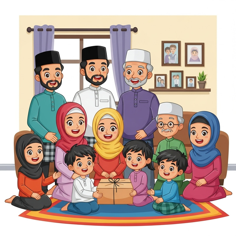 Joyful Muslim Family Excited by Parcel Delivery Joyful Muslim Family Excited by Parcel Delivery