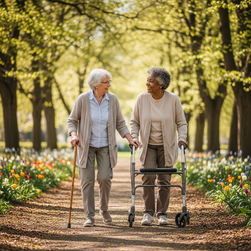 Elderly Women Walking Through Scenic Park | Friends in Conversation