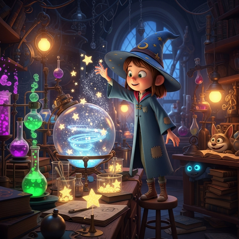Pixar-Style Girl in Magical Laboratory Creating Stars Pixar-Style Girl in Magical Laboratory Creating Stars