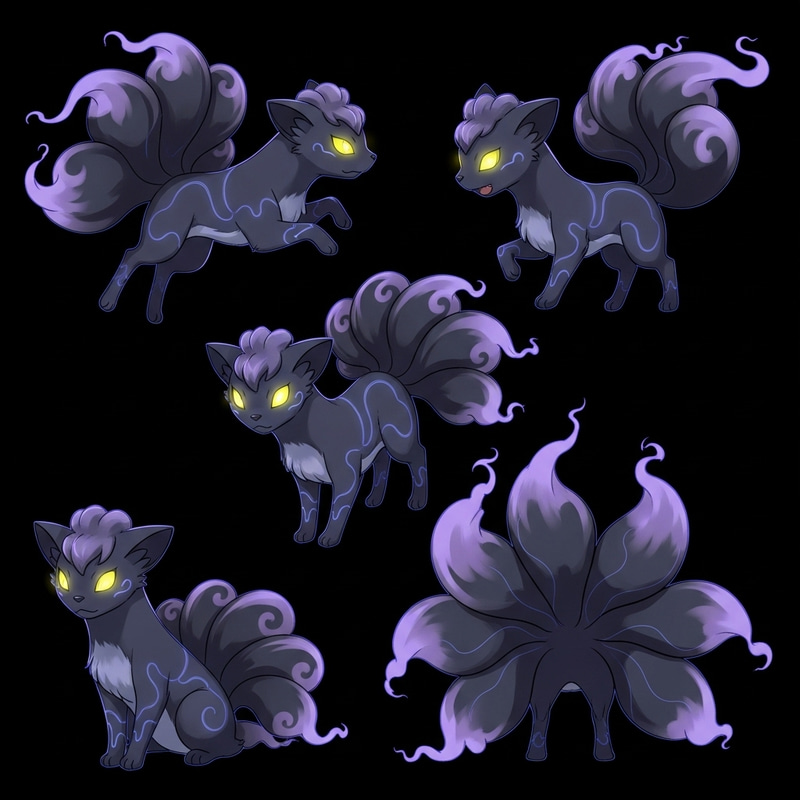 2D Dark & Ghost-Type Vulpix-Like Creature in Multiple Poses 2D Dark & Ghost-Type Vulpix-Like Creature in Multiple Poses