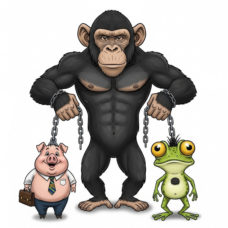 Impressive Chimpanzee with Funny Pig and Frog Cartoon Characters Impressive Chimpanzee with Funny Pig and Frog Cartoon Characters