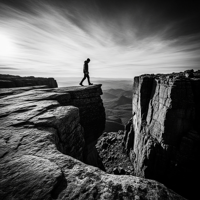 Contemplative Figure Walking to Cliff - Moody Black and White Landscape Contemplative Figure Walking to Cliff - Moody Black and White Landscape