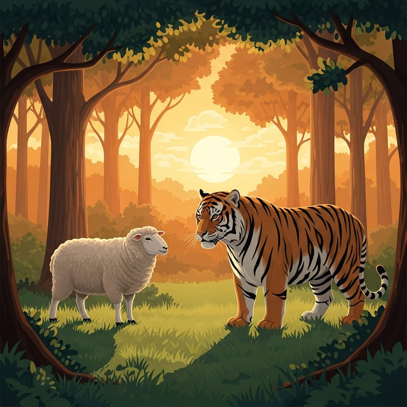Serene Chat Between Sheep and Tiger in Lush Forest