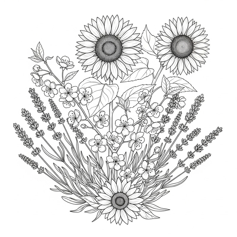 Monochromatic Sketch of Lavender, Cherry Blossoms & Sunflowers