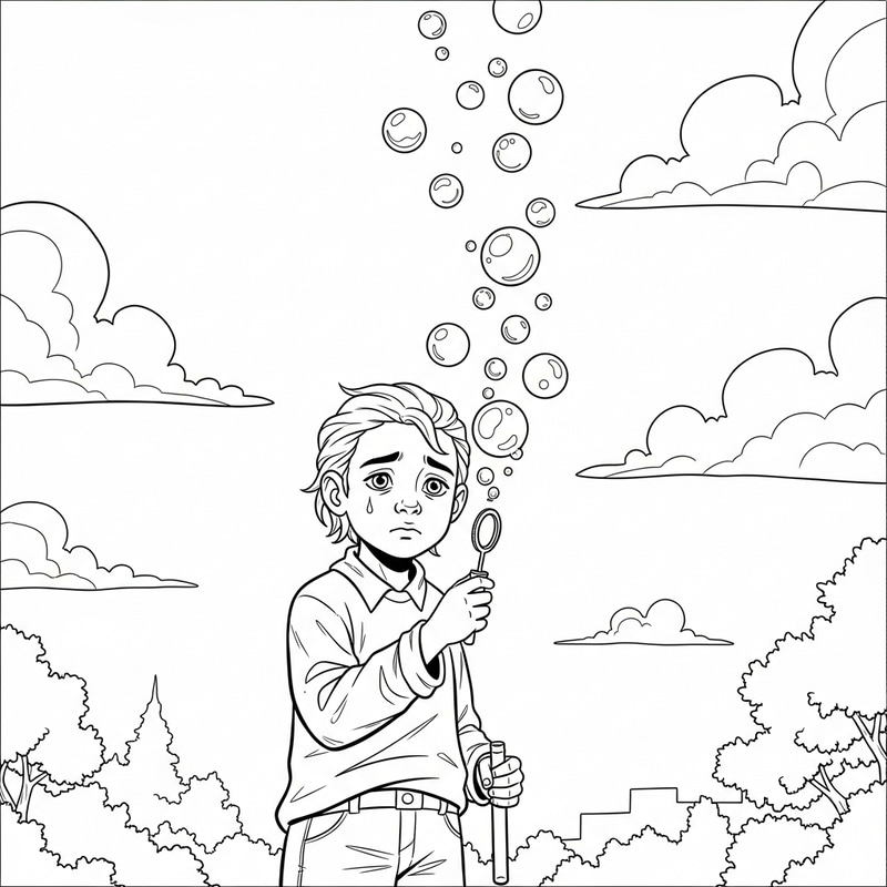 Sad Child Blowing Bubbles Coloring Page | Childlike Innocence Inspired Sad Child Blowing Bubbles Coloring Page | Childlike Innocence Inspired