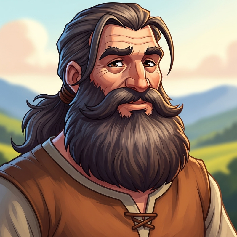 Colorful Cartoon Man with Grey and Brown Beard and Long Ponytail