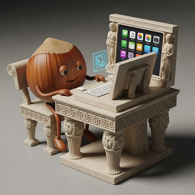 Anthropomorphic Hazelnut at Ancient Greek Style Table with Computer Design