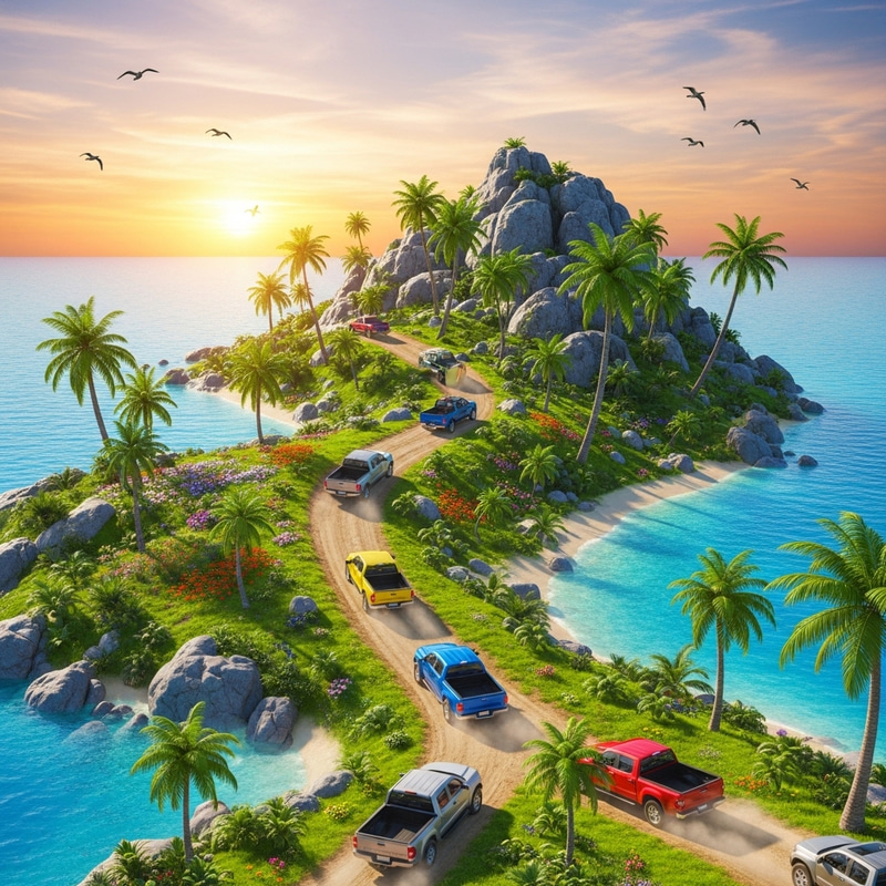 Colorful Pickup Trucks & SUVs Explore Scenic Island Colorful Pickup Trucks & SUVs Explore Scenic Island
