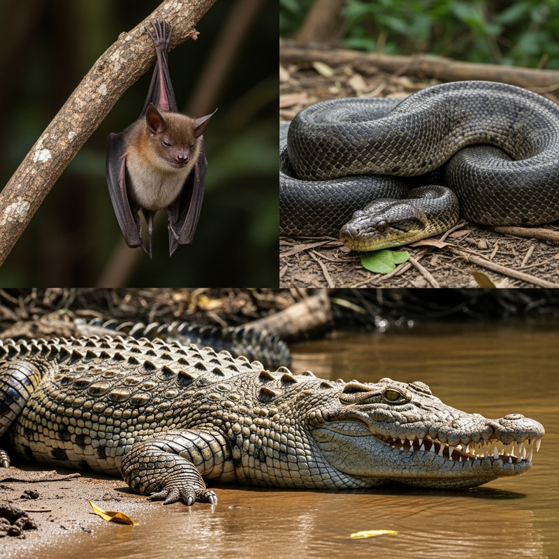 Crocodile, Anaconda, and Bat - Majestic Wildlife Trio