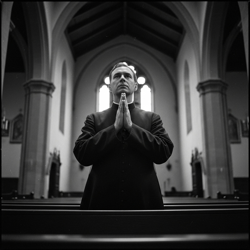 Solemn Priest in Dimly Lit Church | Vintage Spiritual Photography