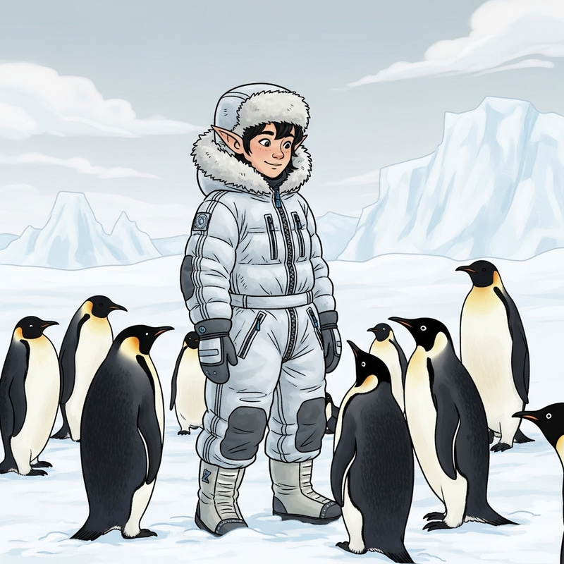 Adorable White Elf with Black Hair in Snowsuit with Penguins | Antarctica Adorable White Elf with Black Hair in Snowsuit with Penguins | Antarctica