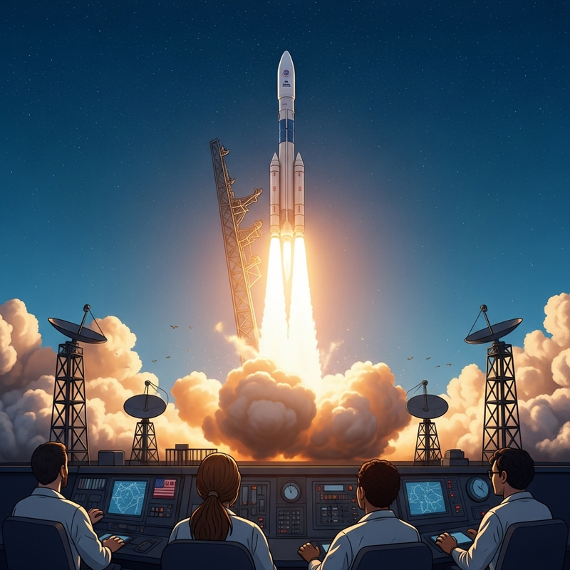 Detailed Rocket Launch Illustration with Diverse Team and Control Station