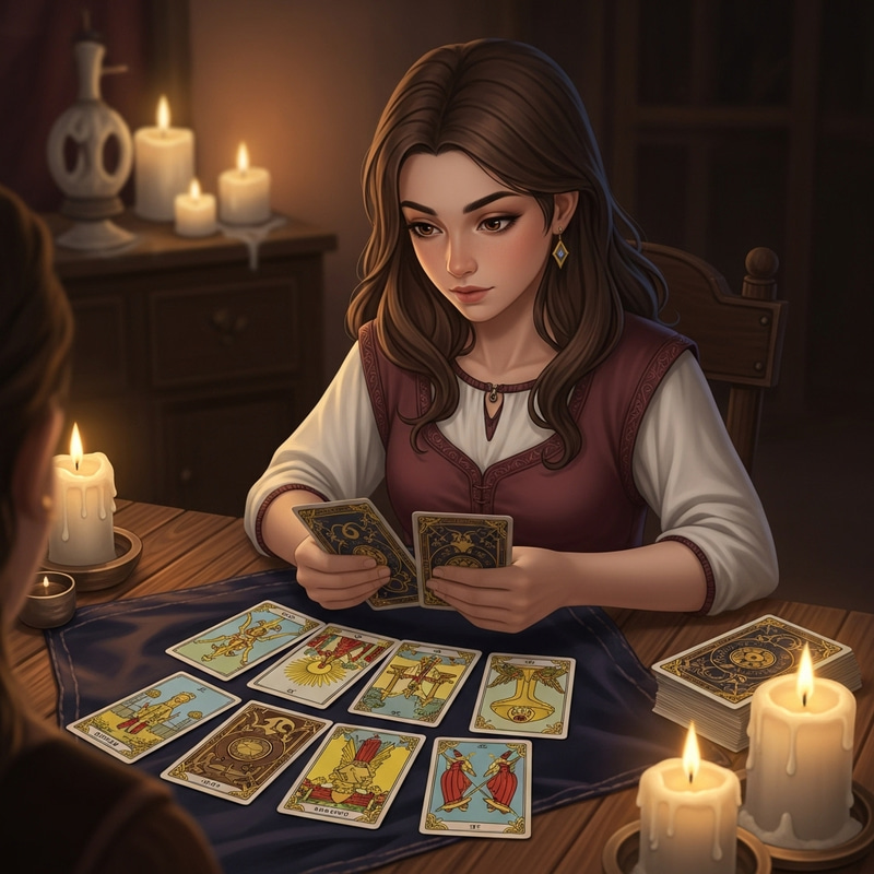 Girl with Brown Hair and Eyes Reading Tarot Cards