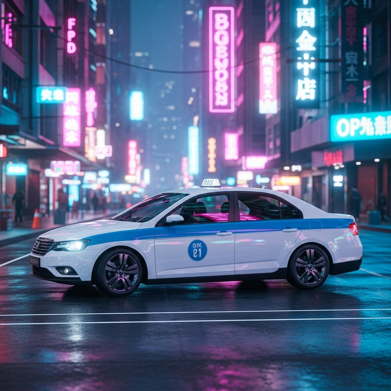 Sleek White & Blue Cyber City Taxi Cab: Urban Mobility Charm Sleek White & Blue Cyber City Taxi Cab: Urban Mobility Charm