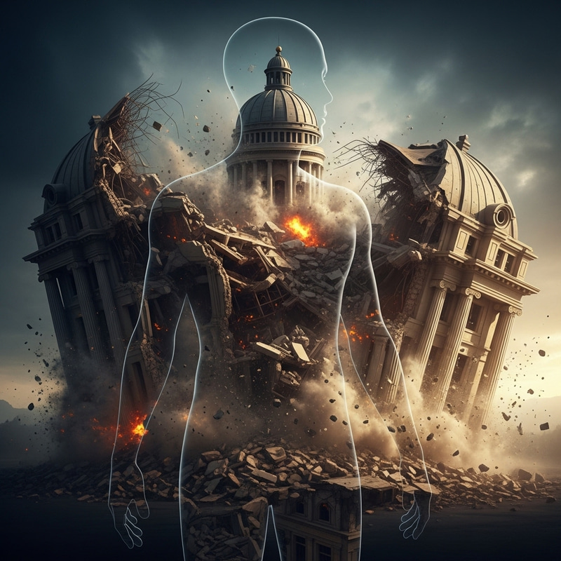 Human Silhouette with Crumbling Building Inside Human Silhouette with Crumbling Building Inside