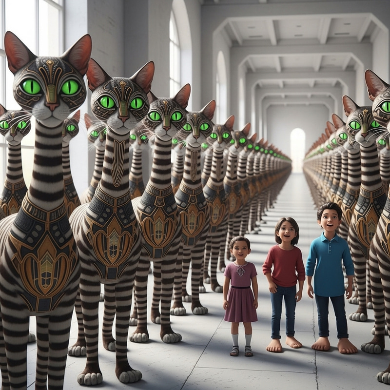 Glowing Green-Eyed Felines with Striped Fur in Art Deco Setting Glowing Green-Eyed Felines with Striped Fur in Art Deco Setting